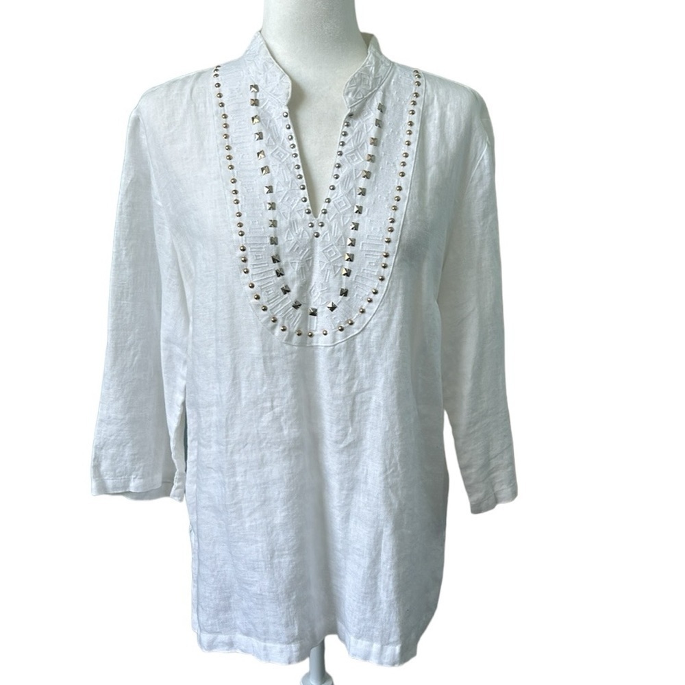 JM Collection White Linen Tunic Shirt Top With Embellishments Size 14